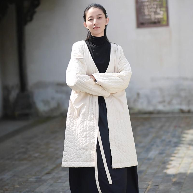 Johnature Women Vintage V-Neck Long Sleeve Bandage Coats Solid Color Winter Warm Coats