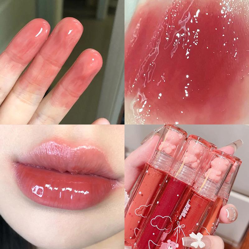 Bear Crystal Frozen Strawberry Lip Gloss - Mirror Finish, Whitening, All-Match Lip Glaze.