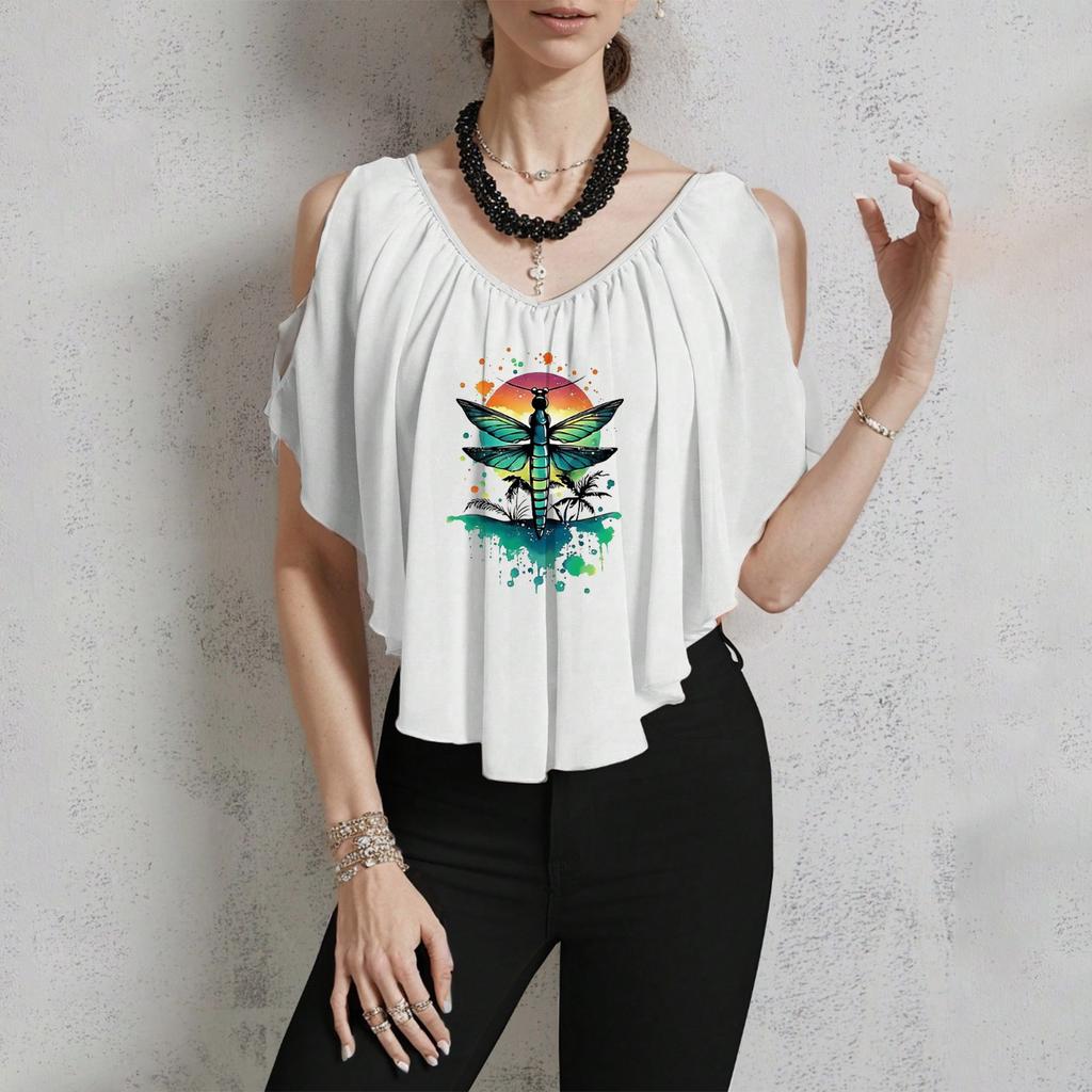 Женская повседневная футболка с V-образным вырезом и открытыми плечами с гавайским принтом