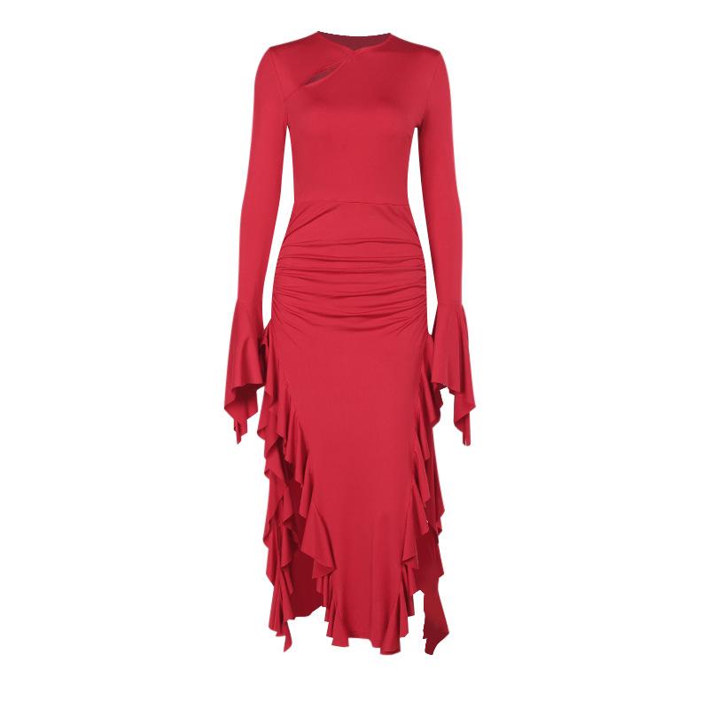 Fall Socialite Quality Slim Ruffled Slit Long-sleeved Spice Girl Dress