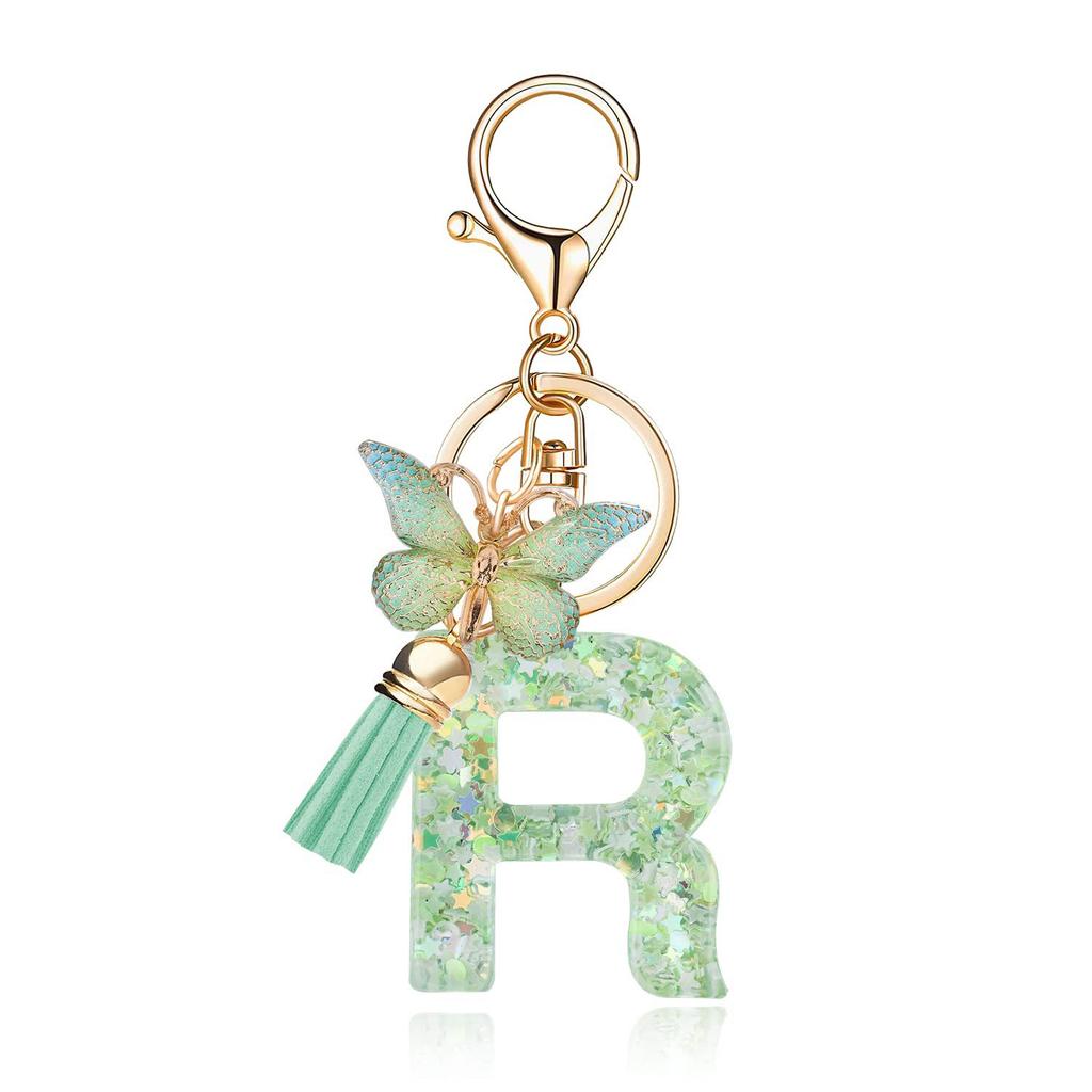 A-Z Dreamy Letters Keychain for Women Tassels Butterfly Pendant Initial Keyrings Purse Suspension Bags Car Key Chain Pink