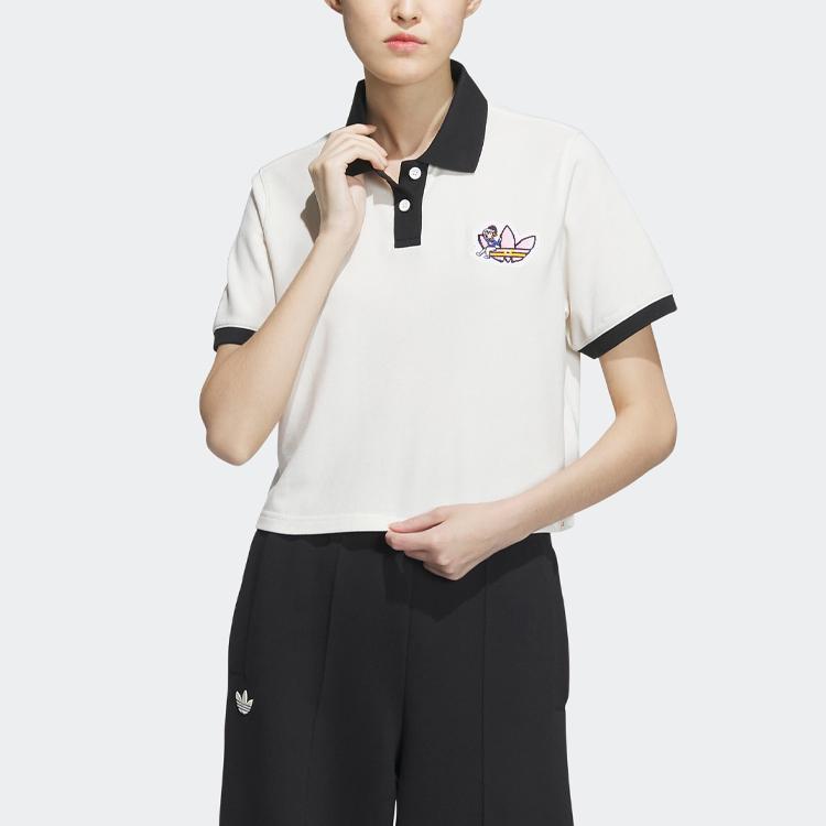 adidas Рубашка-поло Originals x Monkey Kingdom Collaboration с мультяшным логотипом в стиле пэчворк, женская рубашка-поло розового и белого цвета IP1777