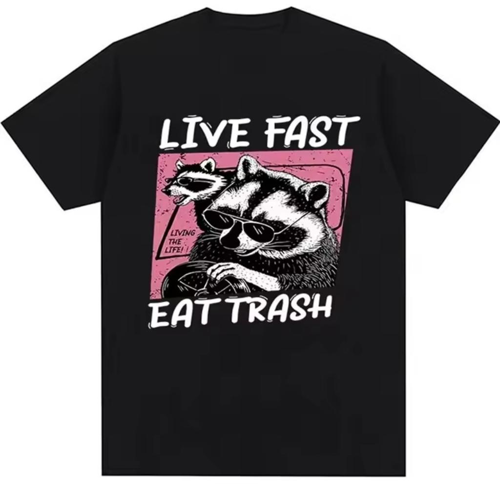 Live Fast Eat Trash Funny Cartoon T-SHIRT All Sizes S M L XL 234XL Black White