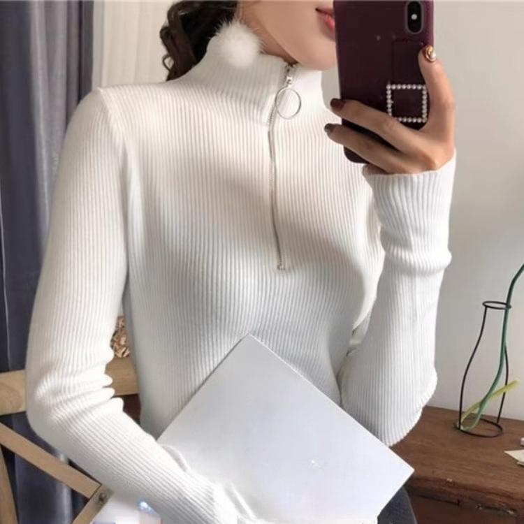 Spring Autumn Knitted Half Turtleneck Long Sleeve Slim Jumper Tops Women Sweater Pullover Solid Zipper Ladies Casual Sweaters