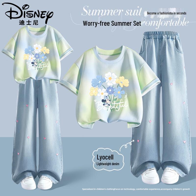 Disney Girls' Summer Cotton Short Sleeve & Denim Set