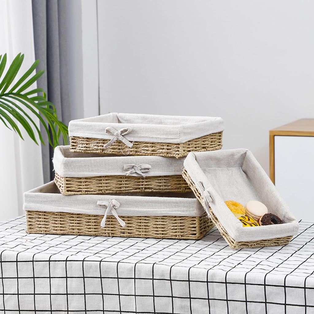 Set of 2 Storage Baskets, Tabletop Storage, Wicker Baskets with Inner Lining, Washable, Pastoral Beige