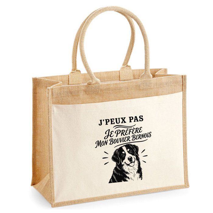 Sac Cabas - PLANETEE - J’peux pas je préfère mon Bouvier Bernois - Toile de jute et coton - 21 L (43×33×21 cm) - Illustration noire