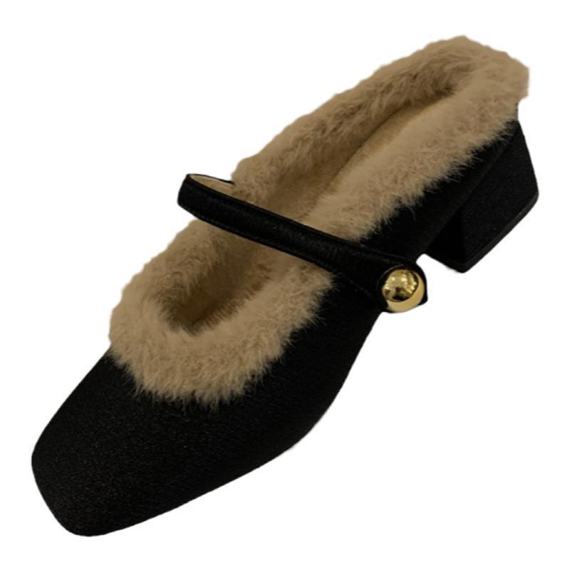 2025 New Autumn and Winter Fluffy Shoes Wear Women's Shoes Thick Heel Velvet Cotton Shoes Temperament French Bag Head Half Slippers