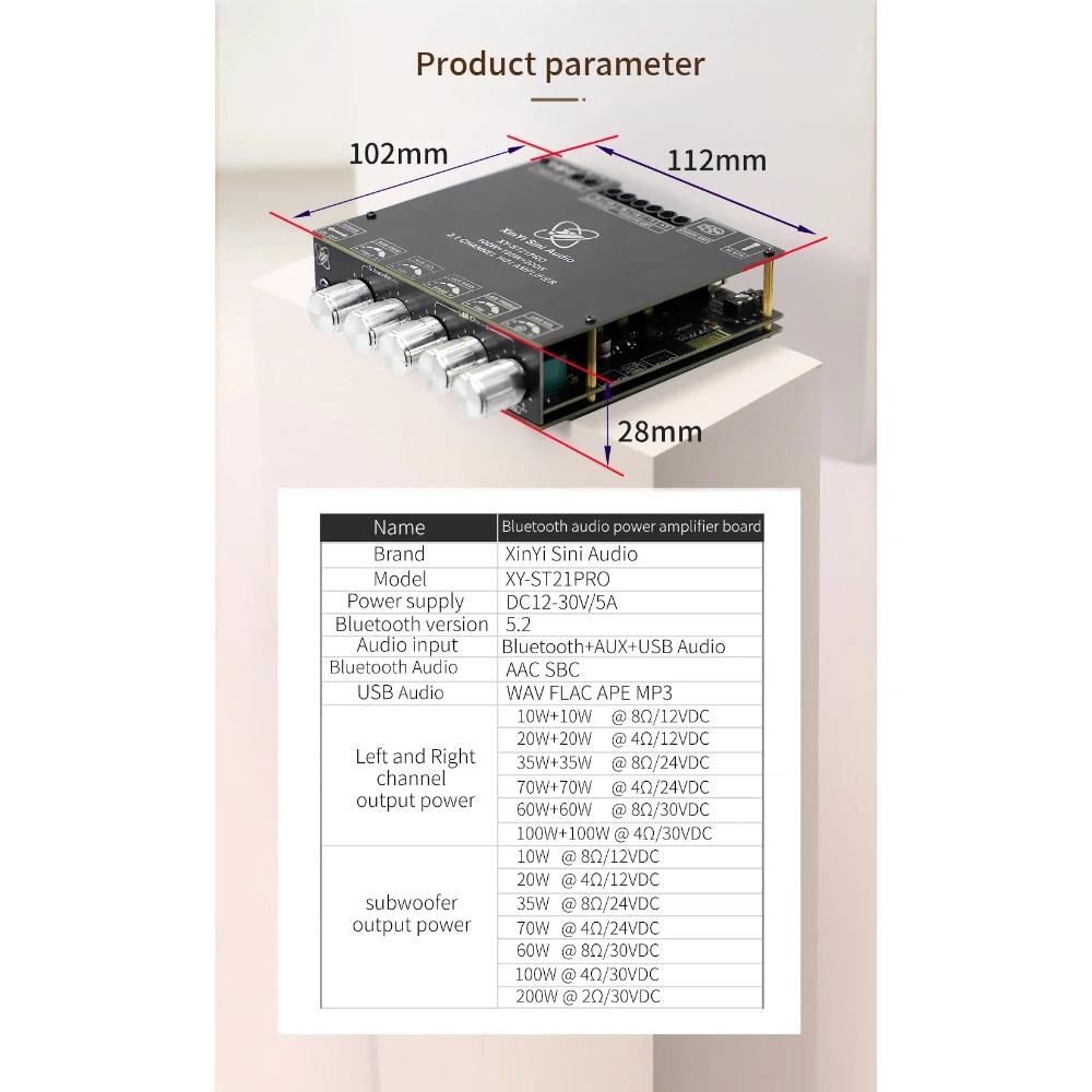 Плата усилителя мощности Bluetooth TPA3221 2*100 Вт + 200 Вт 2.1-канальный Класс D USB-звуковая карта Сабвуфер Театральное аудио Стерео Эквалайзер Усилитель