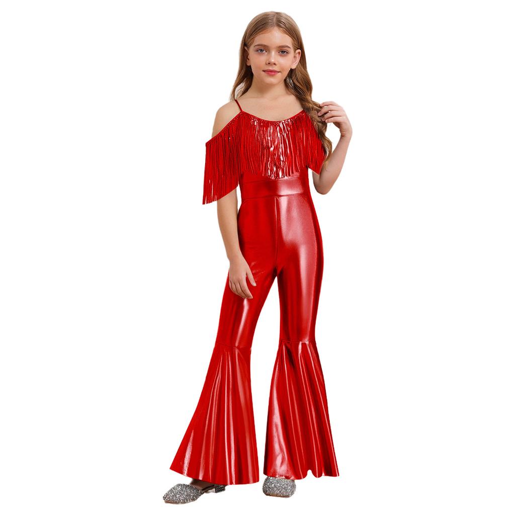 Girls Fashion Spaghetti Strap Sleeveless Sparkly Sequins Tassels Shiny High Waist Flared Jumpsuit Pageant Outfit