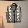 Женский вязаный жилет, кардиган с V-образным вырезом и ромбовидным узором, вышитый жилет, свободный жилет для женщин на весну и осень
