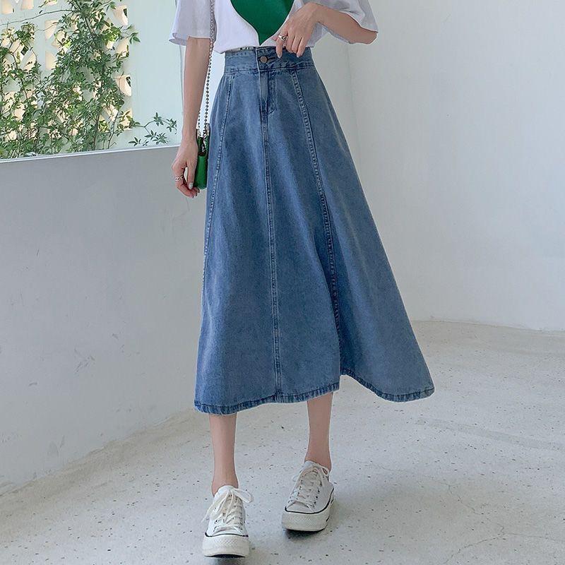Весна Осень Женская Мода Повседневная Джинсовая Юбка с Высокой Талией Миди А-силуэта