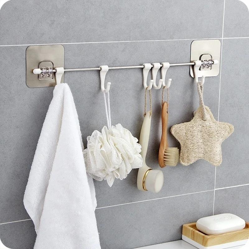 Newest Wall Hanging Stand Hook Kitchen Bathroom Hanger 6 Hooks Adjustable