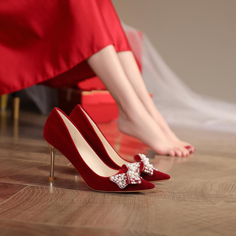Fashion Women's Wedding Shoes Summer New High Heels Pointed Suede Bow Pearl Sandals Fashion Temperament Stiletto Heels Party Shoes