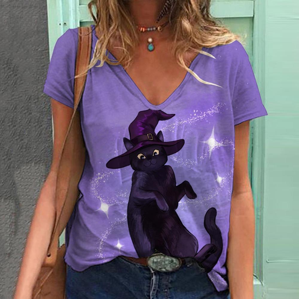 Модная женская футболка с рисунком кошки, короткий рукав, 3D-принт с изображением животных, футболка большого размера с V-образным вырезом, летняя женская одежда Y2k Harajuku