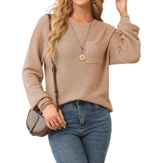 Женские топы с круглым вырезом и длинным рукавом, однотонная свободная футболка, эластичная повседневная блузка