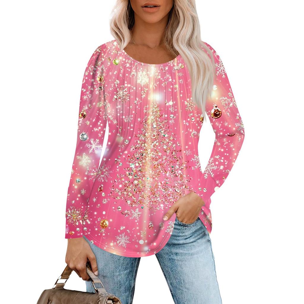 Женская повседневная футболка с круглым вырезом и длинными рукавами с рождественским принтом и складками