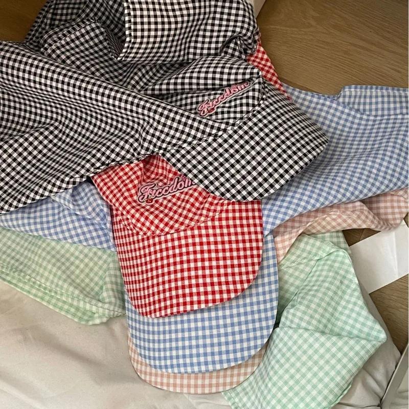 Мятно-зеленые клетчатые шапки-косынки с ремешком для женщин, летние солнцезащитные шапки для путешествий, универсальные модные солнцезащитные шляпы с наклейками