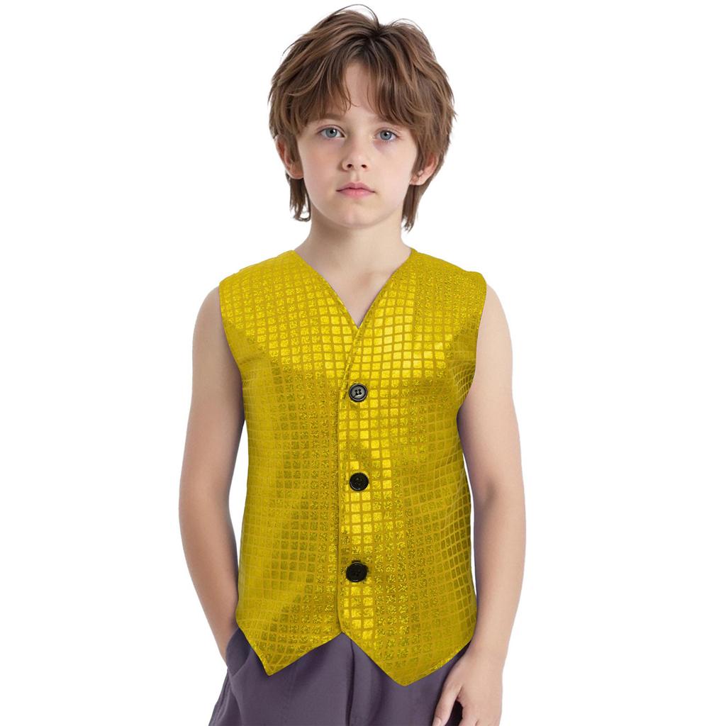 Boys Girls Dance Stage Performance Costume V Neck Sleeveless Asymmetrical Hem Button Metallic Plaid Vest