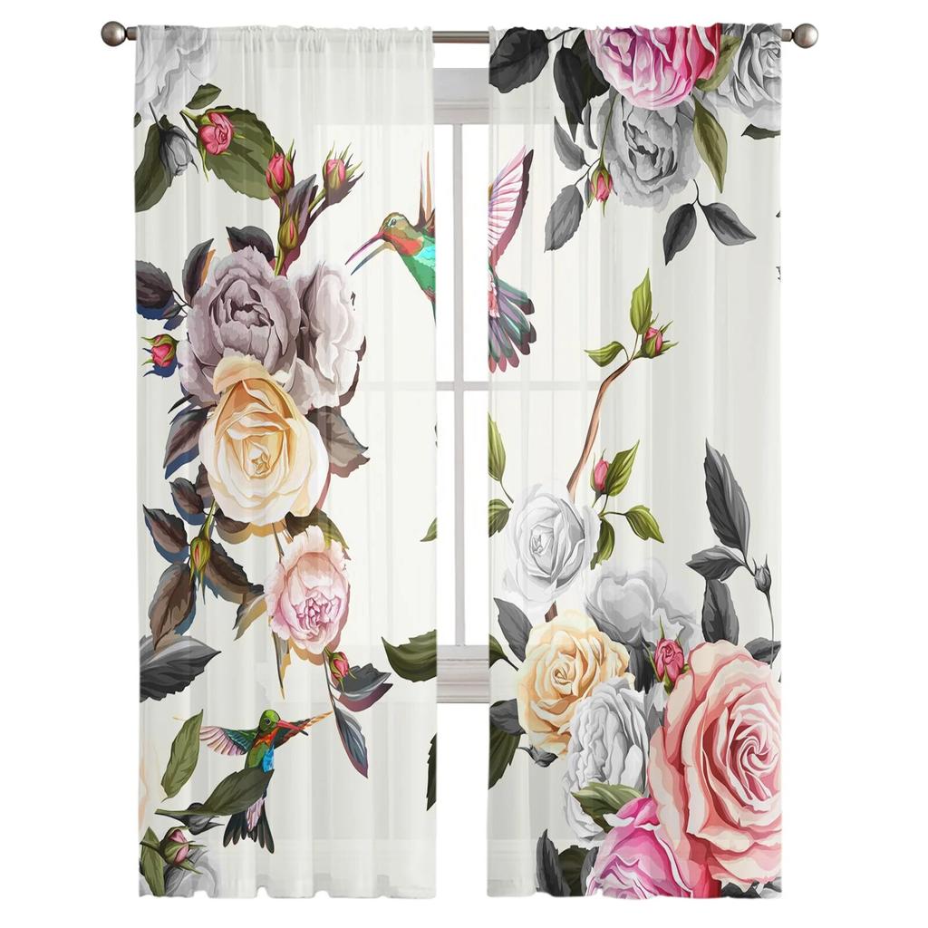 Bird Watercolor Flower Tulle Curtains for Bedroom Hall Living Room Decor Chiffon Curtain for Balcony Kitchen Home Drapes