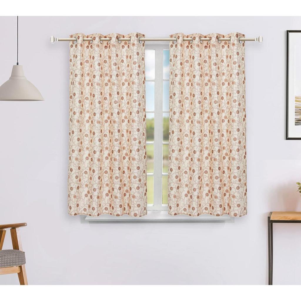 Pack of 2 Polyester Floral Leaf Print Window Curtain Regular Print 135 GSM , Brown