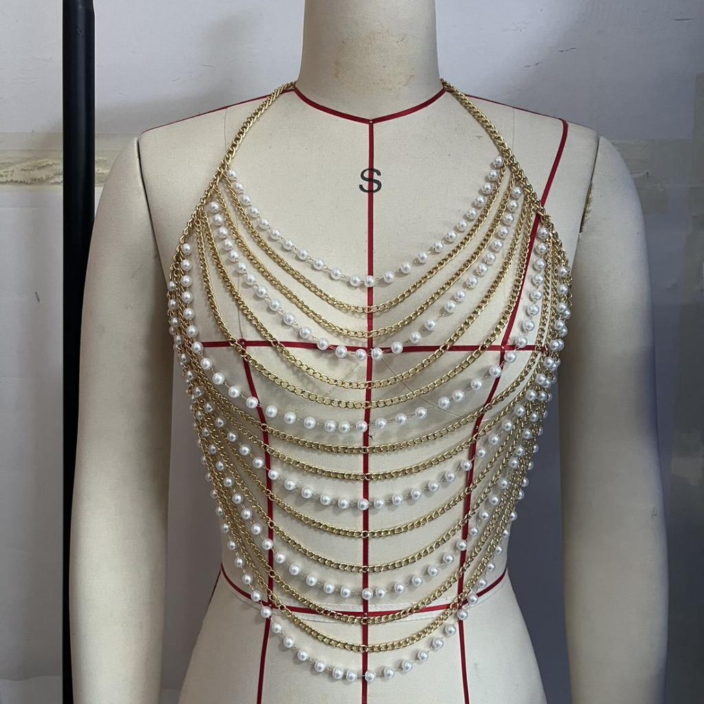 Vest, Multiple Chains, Punk Tassel Chain, Neck Hanging Pearl, Top, Tank Top, Body Chain, Chest Chain, 2025 New Model