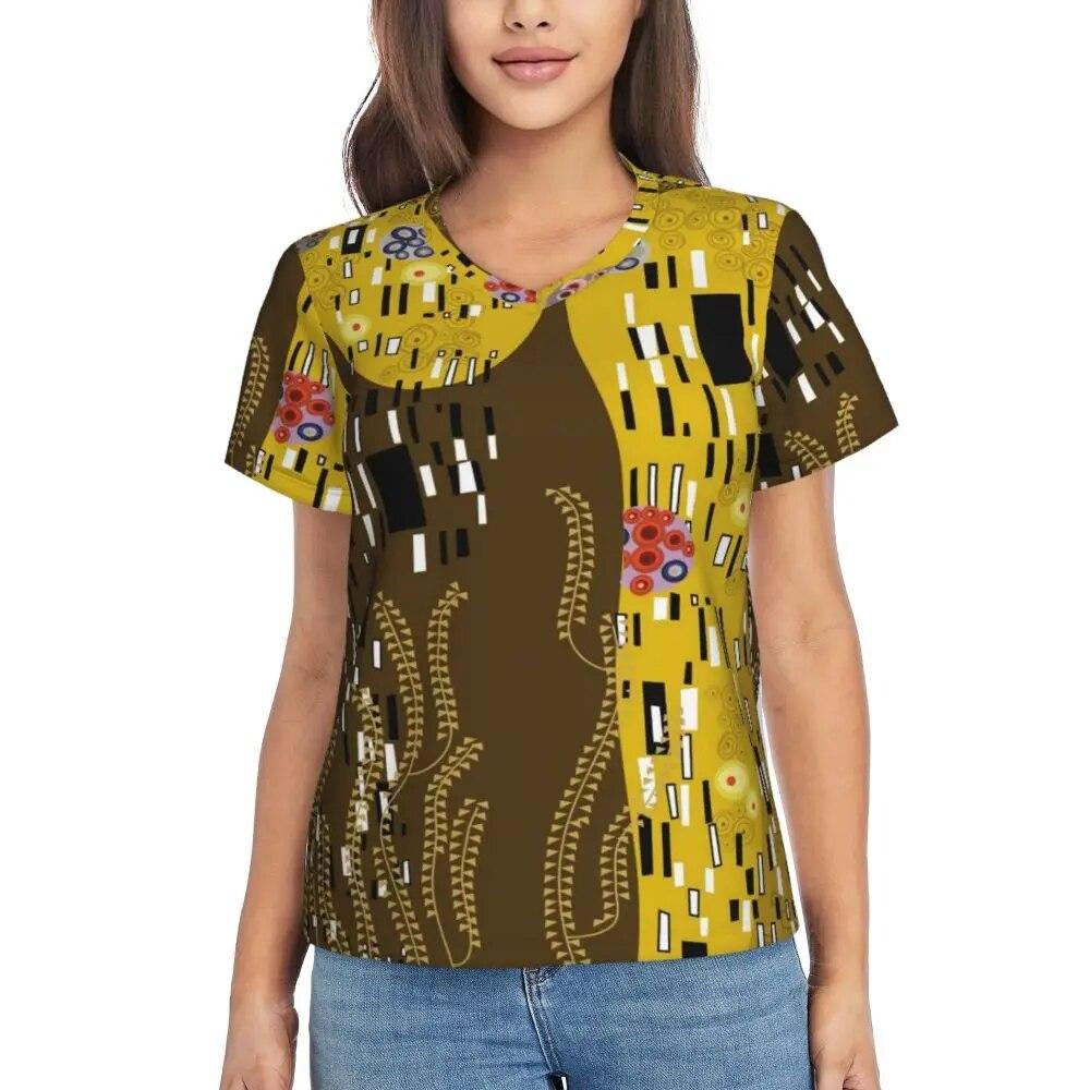 Gustav Klimt T Shirt The Kiss Hip Hop T-Shirts Women V Neck Basic Tops 2024 Beach Short Sleeve Pattern Clothes