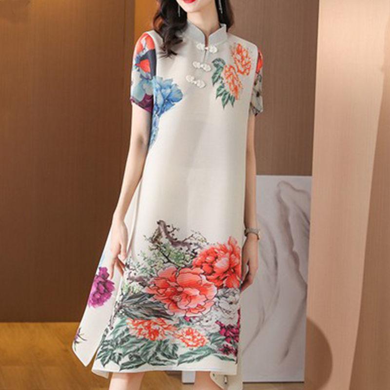 Плиссированное платье в китайском стиле с короткими рукавами и принтом, женское новое летнее летнее платье с воротником-стойкой и пряжкой, женская возрастная юбка
