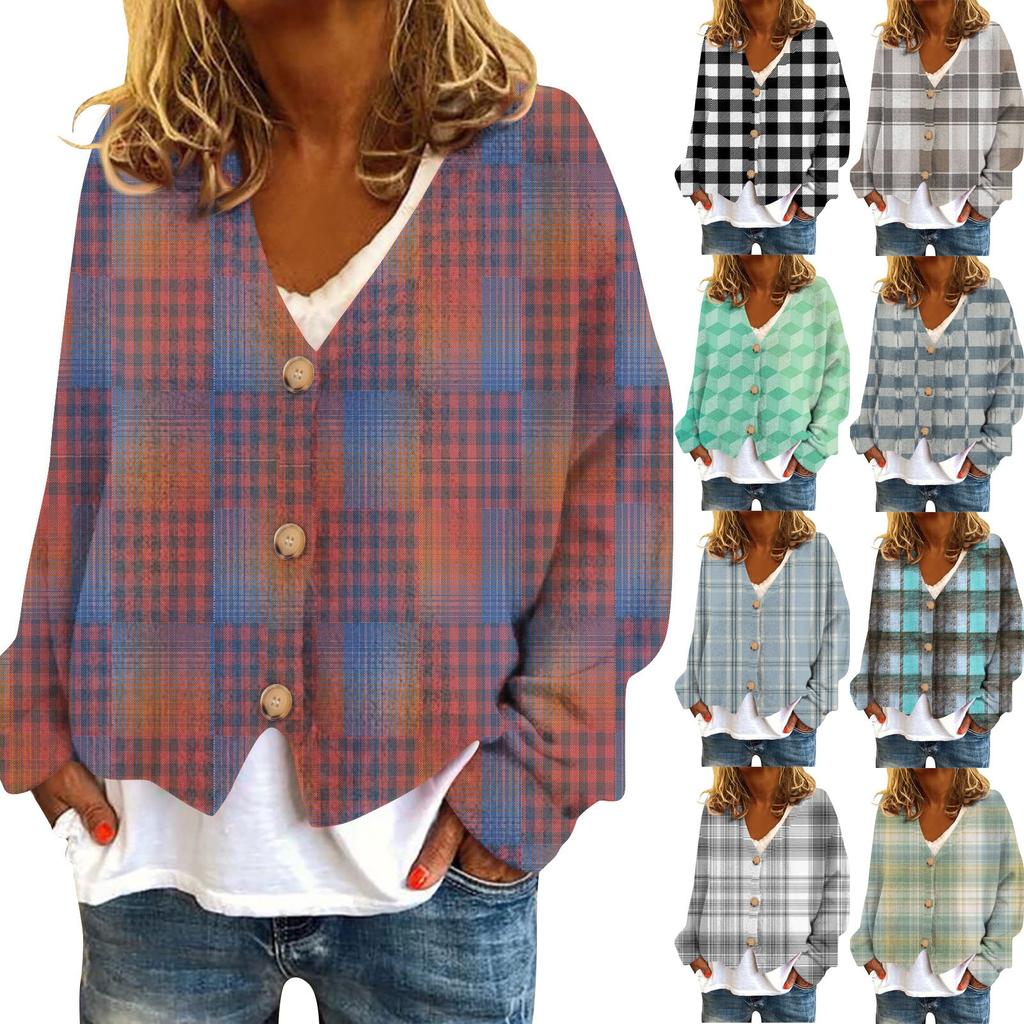 Women's Fashion Short Jacket Casual Long Sleeve Plaid Print Single Breasted Plush Top