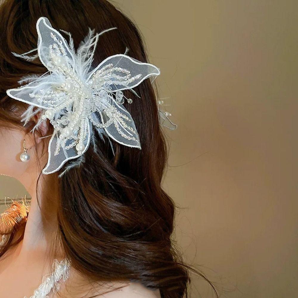 Mesh Lace Feather Hair Clip Floral Bridal Wedding Headwear Sweet Flower Hairpin Girl/Women