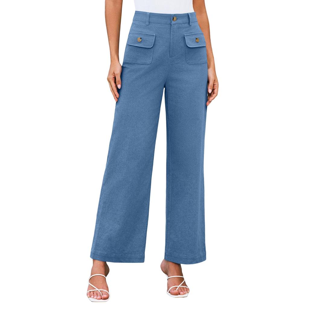 Женские летние однотонные свободные прямые брюки с внешним карманом и высокой талией