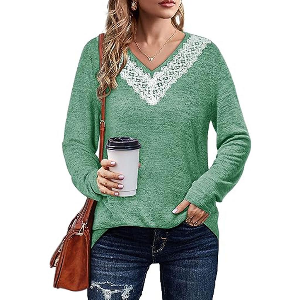 Женская осенне-зимняя новая однотонная кружевная свободная футболка с v-образным вырезом и длинными рукавами, топ