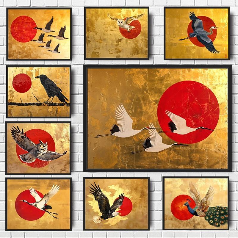 Абстрактная птица, летящее животное, постер, ворон, ворона, колибри, красно-золотая картина на холсте, современное настенное искусство, декор для гостиной и дома