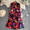 New Autumn Fashion Women Floral Print Dress Turn Down Collar Long Sleeve Single Breasted A Line Vintage Midi Party Dresses