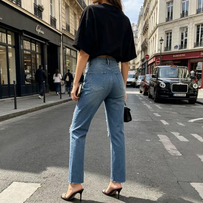 Womens High Waist Slim Fit Skinny Jeans Stretch Denim Ankle Length Blue Distressed
