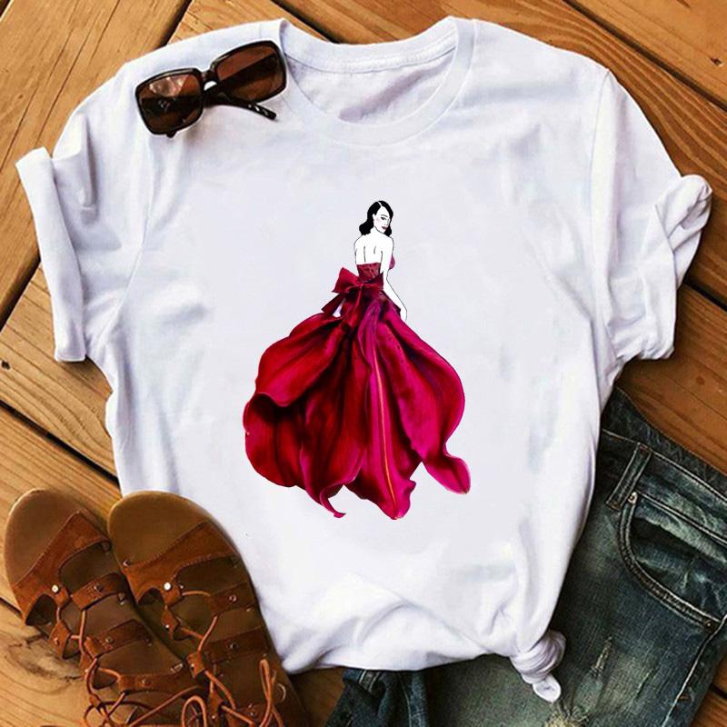 Мода Цветы Красная Роза Принт Юбка Футболка Женская Футболка Женская Харадзюку Короткий Рукав Летние Топы Футболка