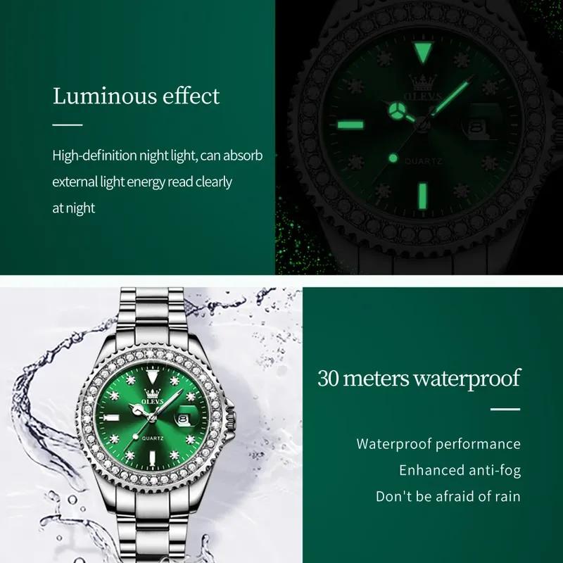 Женские водонепроницаемые светящиеся кварцевые часы с роскошным циферблатом инкрустированным цирконием, модные часы с календарем Женские легкие роскошные кварцевые часы