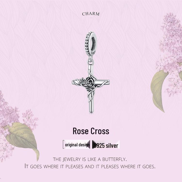 S925 Sterling Silver Rose Cross Pendant Bracelet with European & American Style Flower Beads