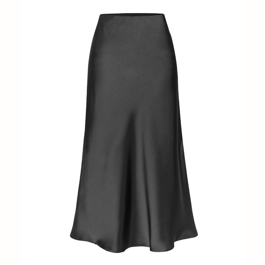 Women's High-Quality Satin Half Skirt With Elastic High Waist Solid Color Split Mid Length Skirt