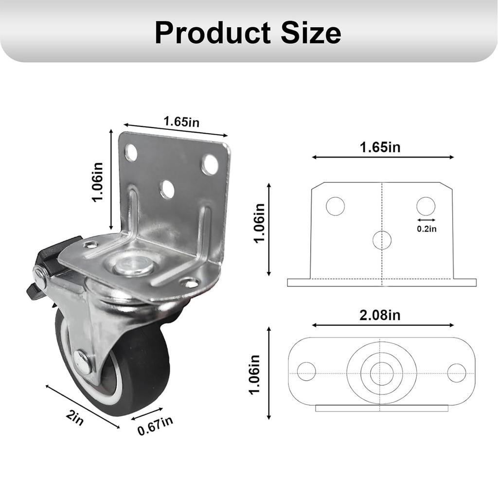 2 Inch Side Mount Casters, L-Shaped Rubber Casters Set of 4 Caster Wheels for Furniture, Cribs, Kitchens, Cabinets, Tables