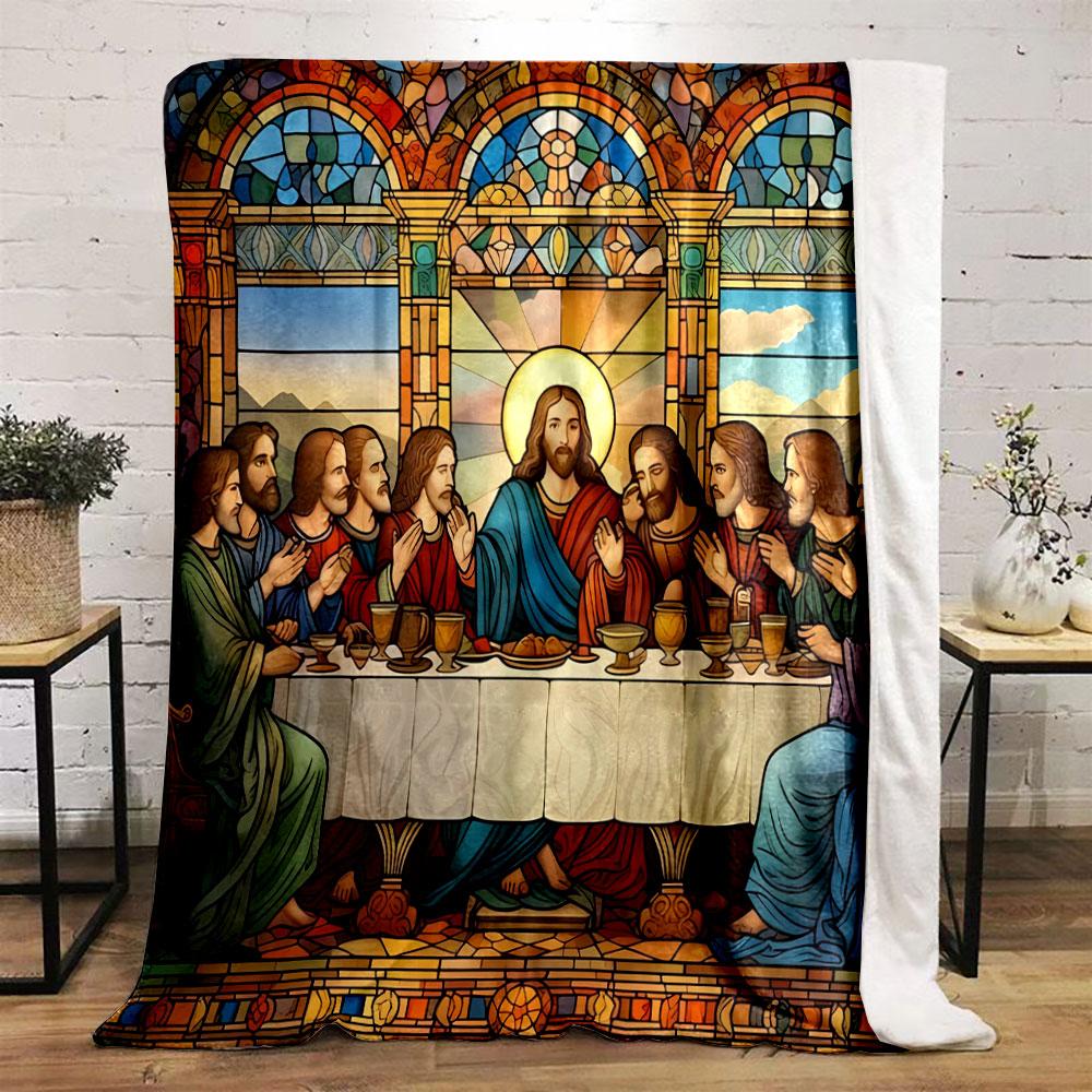 Last Supper Stained Glass Blanket Printed Blanket for Living Room Bed Couch lunch break Soft Cozy Blanket for Friend's festival Gift