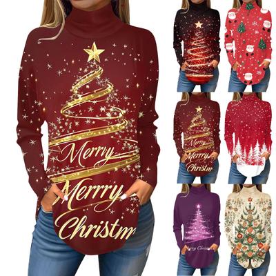 Женская модная повседневная футболка с высоким воротом и рождественским принтом, длинный рукав, пуловер, топ