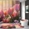 4Pcs Bathroom Shower Curtain Set Pink Tulip Pattern Bathroom Curtain With 12 Hooks Non Slip Rugs Toilet Cover Mat Bathroom Partition