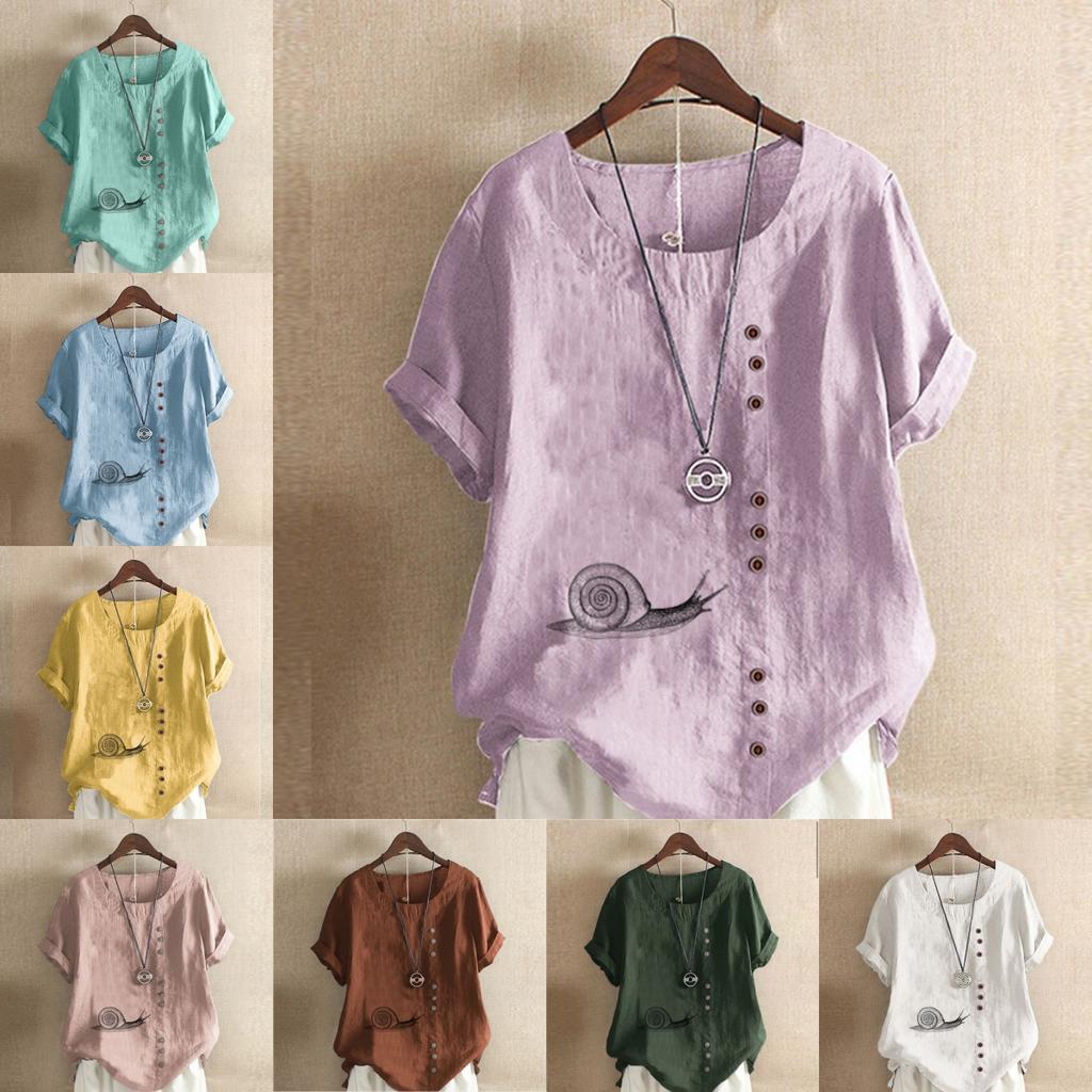 Women's Fashion Round Neck Short Sleeve T-shirt Casual Cotton Linen Graphic Shirt Leisure Loose Snail Prined Summer Blouse Tops