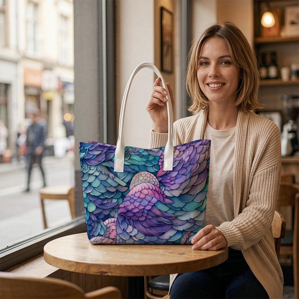 Purple Feather Printed Shoulder Tote Bag Stylish Portable Large Capacity Daily Use Shopping Handbag