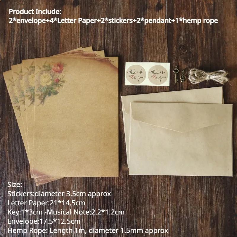 Retro Stationery Kraft Paper Letter Paper with Envelopes Stickers Hemp Rope Pendant Decorations Keys Musical Note Writing Paper
