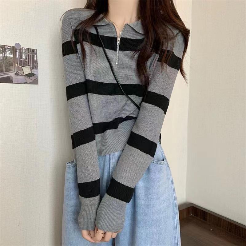 Collar Zipper Striped Long Sleeved Short Knit Sweater for Women In Autumn and Winter Wearing A Base Coat and A Top Sweater for Women