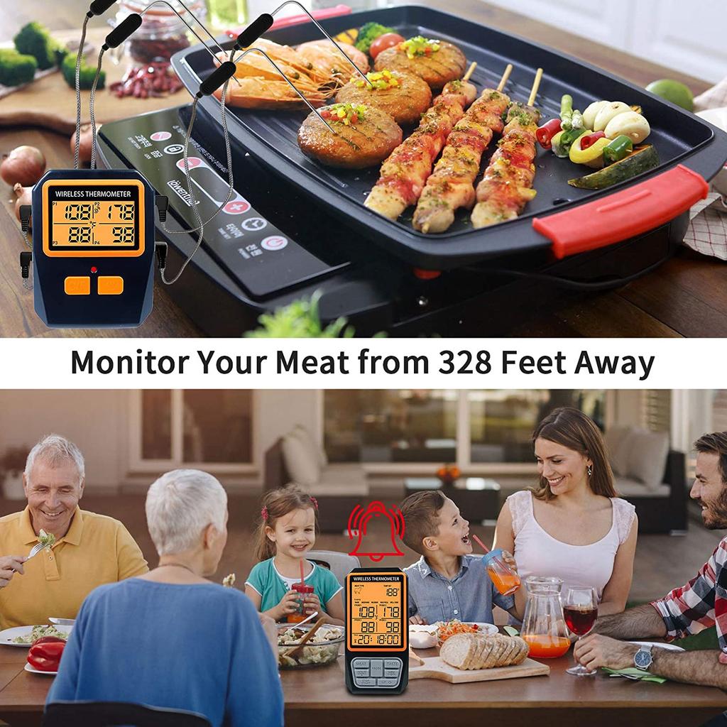 Беспроводной термометр для мяса для гриля, коптильни, барбекю, духовки, цифровой пищевой кухонный термометр с 4 щупами, таймером, будильником, подарок, новый
