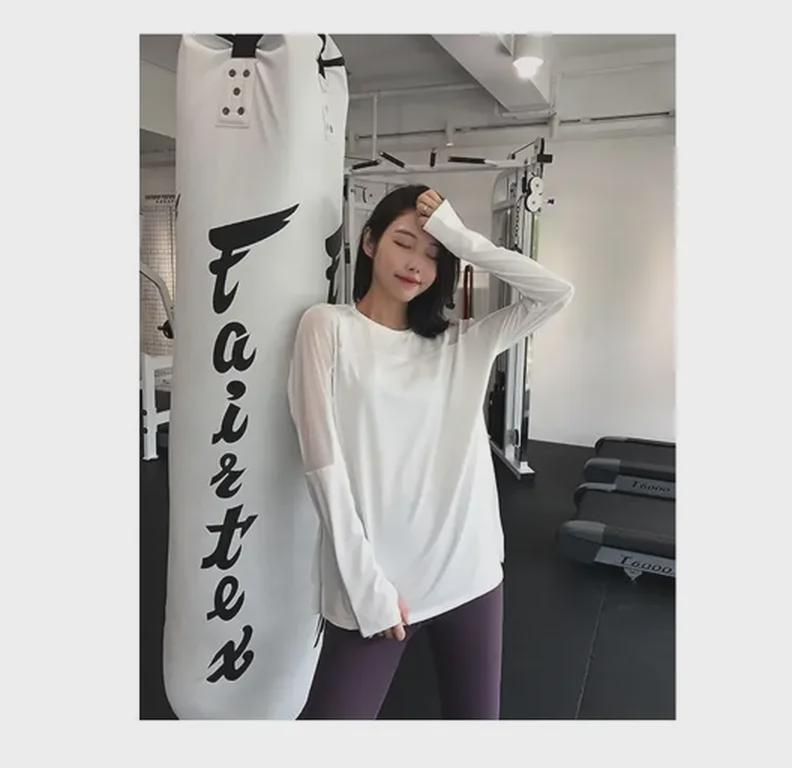 Celebrity Slim Breathable Yoga T-Shirt - Women's Quick-Dry Mesh Long Sleeve, Loose Fit for Spring & Autumn Workouts