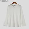 INCERUN Spring Mens Long Sleeve V Neck Solid Color Loose Spring Autumn Tops